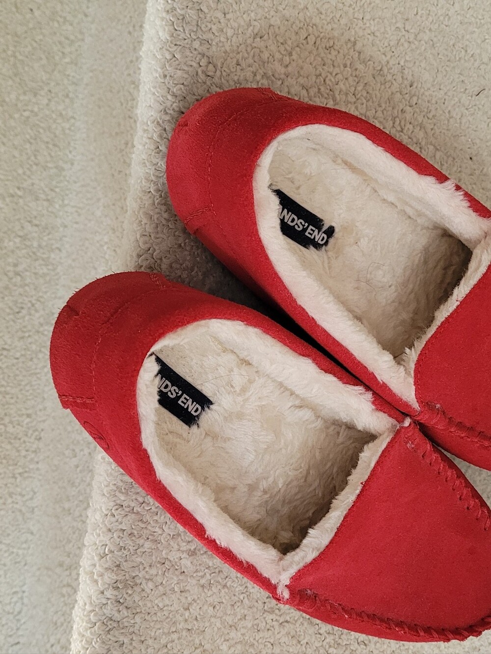 Lands' Ends Bright Red Suede Moccasin Slippers - Picture 3 of 5